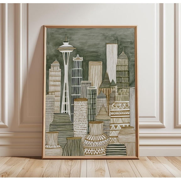 Seattle Skyline Art Hand-Drawn Cityscape Dark Green Wall Decor, Unframed Paper Print
