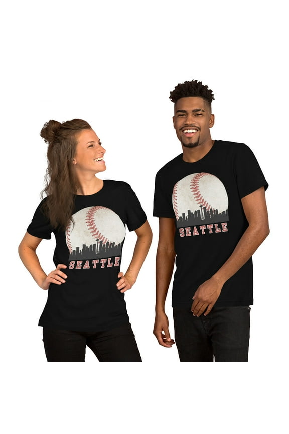 Seattle Skyline Baseball T-Shirt, Vintage Sports City Graphic Tee (Black, S)