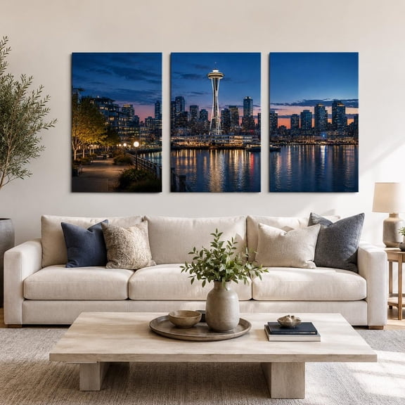 Seattle Skyline Prints Set Of 3, Space Needle Waterfront Night Wall Art