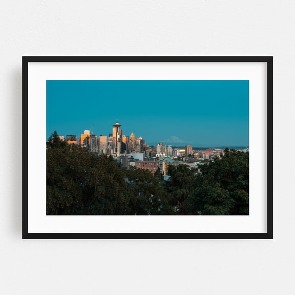 Seattle Skyline - Seattle Washington Photography Cityscape Skyline Architecture Scenic Travel Poster Night Sky Mountain Black Framed Wall Art Print 16 x 24 inches