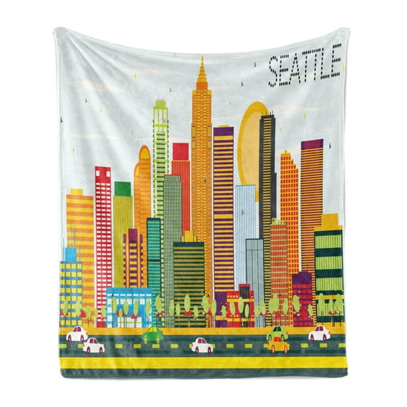 Seattle Skyline Soft Flannel Fleece Blanket, Geometrically Structured Graphic Illustration of Buildings and the Highway, Cozy Plush for Indoor and Outdoor Use, 60" x 80", Multicolor, by Ambesonne
