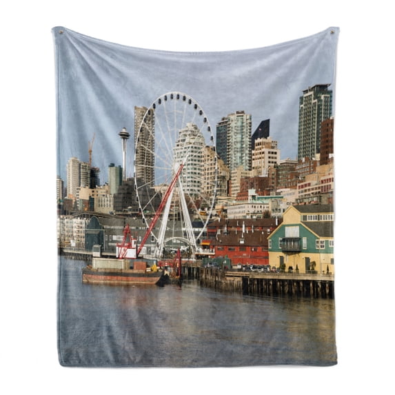 Seattle Skyline Soft Flannel Fleece Blanket, Real Image Scenery of Waterfront Attractions in Elliott Bay Outdoor Scene, Cozy Plush for Indoor and Outdoor Use, 60" x 80", Multicolor, by Ambesonne