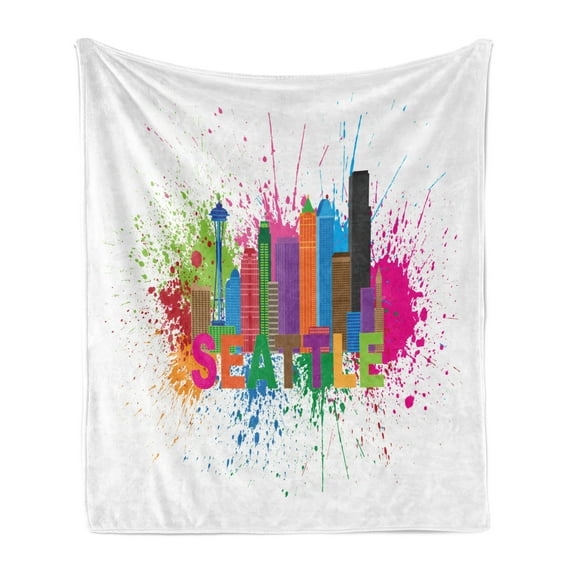 Seattle Skyline Soft Flannel Fleece Throw Blanket, Contemporary Lettering City Artwork in Colorful Paint Blobs Modern Print, Cozy Plush for Indoor and Outdoor Use, 50" x 70", Multicolor, by Ambesonne