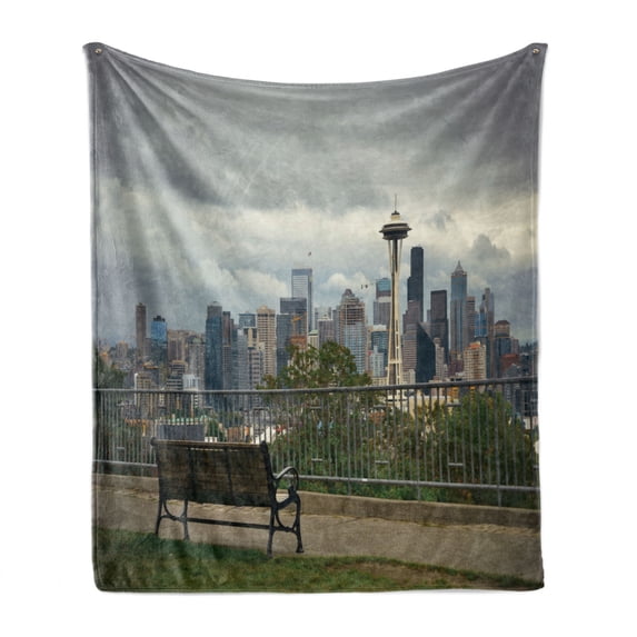 Seattle Skyline Soft Flannel Fleece Throw Blanket, Real Image Outdoor Scene from Kerry Park Urban Architecture and Bench, Cozy Plush for Indoor and Outdoor Use, 60" x 80", Multicolor, by Ambesonne