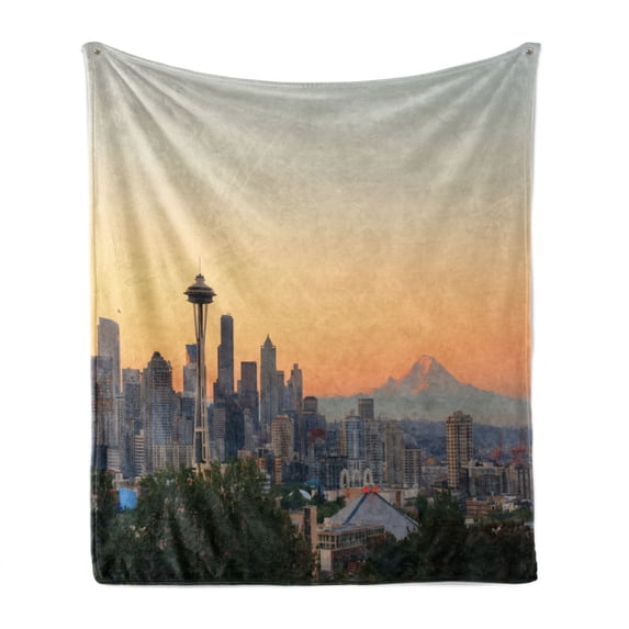 Seattle Skyline Soft Flannel Fleece Throw Blanket, Sunset and Mountain Rainier Viewed from Kerry Park Washington State, Cozy Plush for Indoor and Outdoor Use, 50" x 60", Multicolor, by Ambesonne