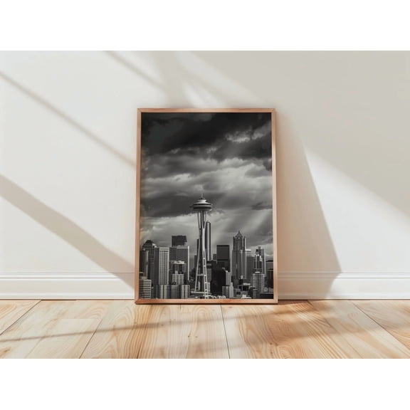 Seattle Skyline Space Needle Black White Photography Modern Urban Decor, Unframed Poster