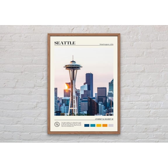 Seattle Skyline Space Needle Travel Poster - Modern Cityscape Wall Art - 8x12 UNFRAMDE