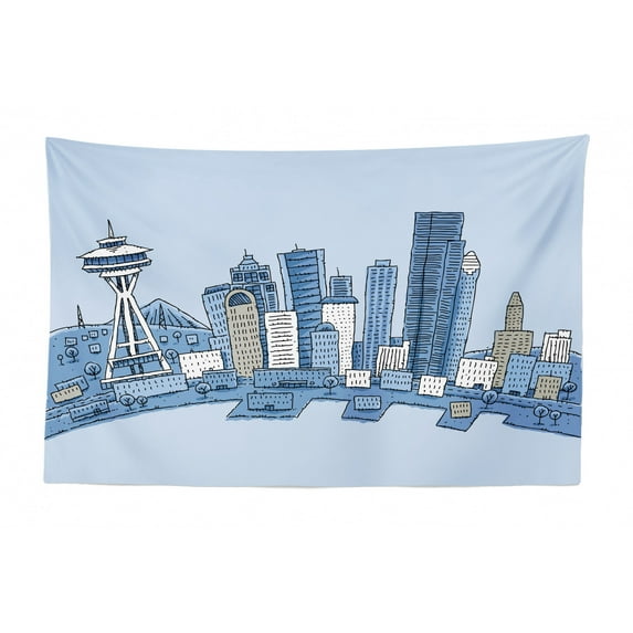 Seattle Skyline Tapestry, Drawing of Buildings and The Needle Space Lettering, Fabric Wall Hanging Decor for Bedroom Living Room Dorm, 2 Sizes, Charcoal Grey White, by Ambesonne