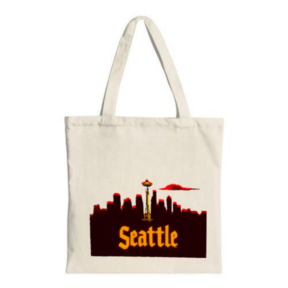 Seattle Skyline Tote Bag - Iconic Space Design in Red & Yellow Bold ' Seattle ' Text Perfect for Shopping & Travel