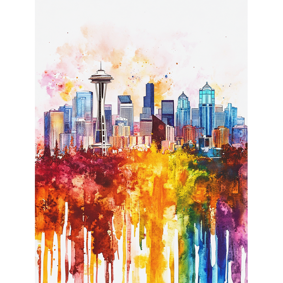 Seattle Skyline Watercolor Canvas Print Perfect for Living Room Bedroom Office Kitchen and Bathroom Decor