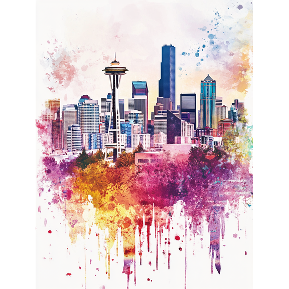 Seattle Skyline Watercolor Painting/Canvas Print Suitable for Living Room Bedroom Office Kitchen and Bathroom Decoration