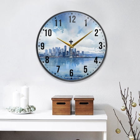 Seattle Skyline and Cloud Round Wall Clock 9.5 Inch Non-Ticking Silent Battery Operated Clock for Home Kitchen Office School Decor