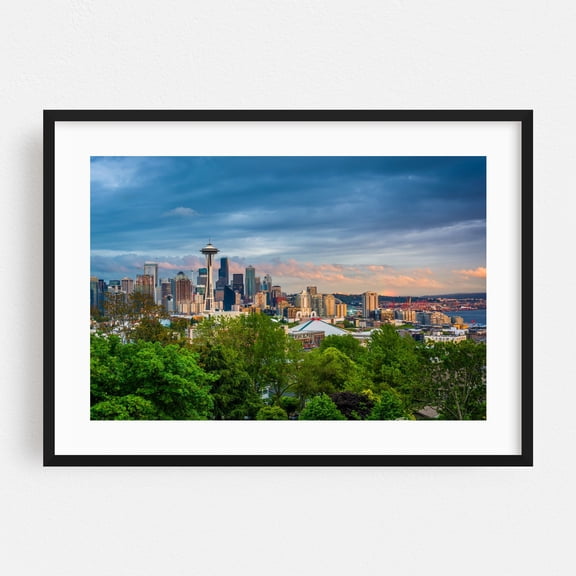 Seattle Skyline from Kerry Park 02 - Seattle Washington Photography Black Framed Wall Art Print 24 x 36 inches
