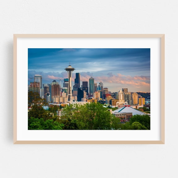 Seattle Skyline from Kerry Park - Seattle Washington Photography Oak Framed Wall Art Print 24 x 30 inches