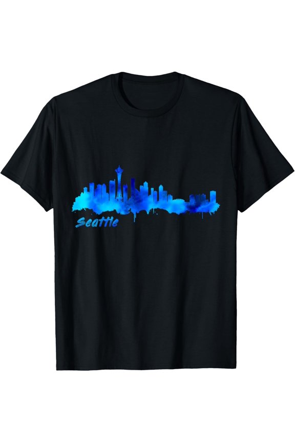 Seattle Skyline in Watercolor Style T-ShirtMen and women, Black T-shirt, size: Extra large