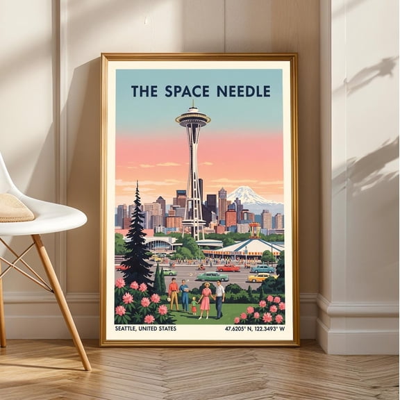 Seattle Space Needle Print: Retro Mid-Century Modern Cityscape Poster, Unframed Poster Size 16x24