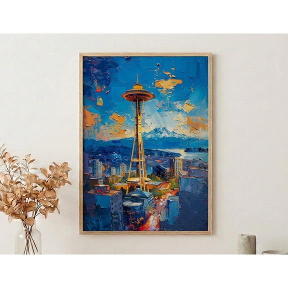 Seattle Space Needle Washington State City Skyline Decor Mount Rainier Summer View, Unframed Poster