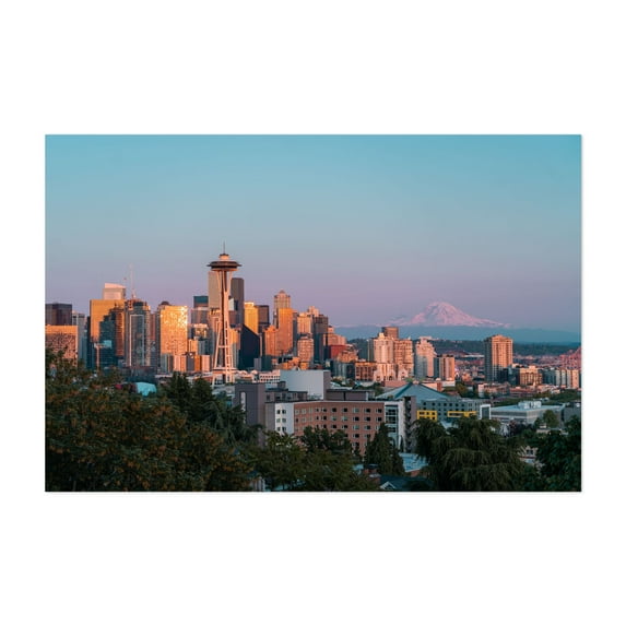 Seattle Sunset - Seattle Washington Photography Cityscape Skyline Architecture Mountain Sunset Scenic Unframed Wall Art Print 16 x 24 inches