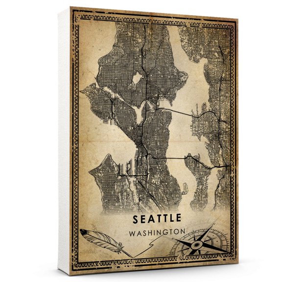 Seattle Vintage Map Prints Canvas, Washington Map Art Canvas, Canvas, Seattle Map City style Watercolor art Canvas