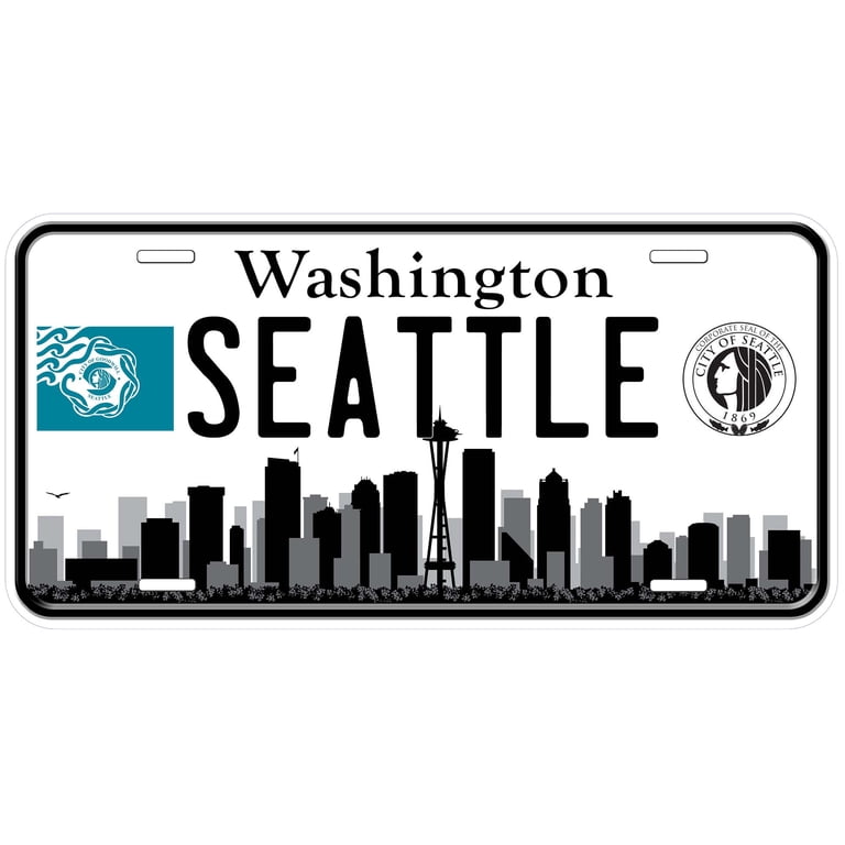 Seattle Skyline Metal License Plate – 6x12 Inch Car Plate With Pre-Drilled Holes