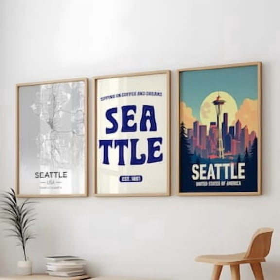 Seattle Wall Art Set of 3: City Map Print, Skyline Poster, Pacific Northwest Decor , Poster Only