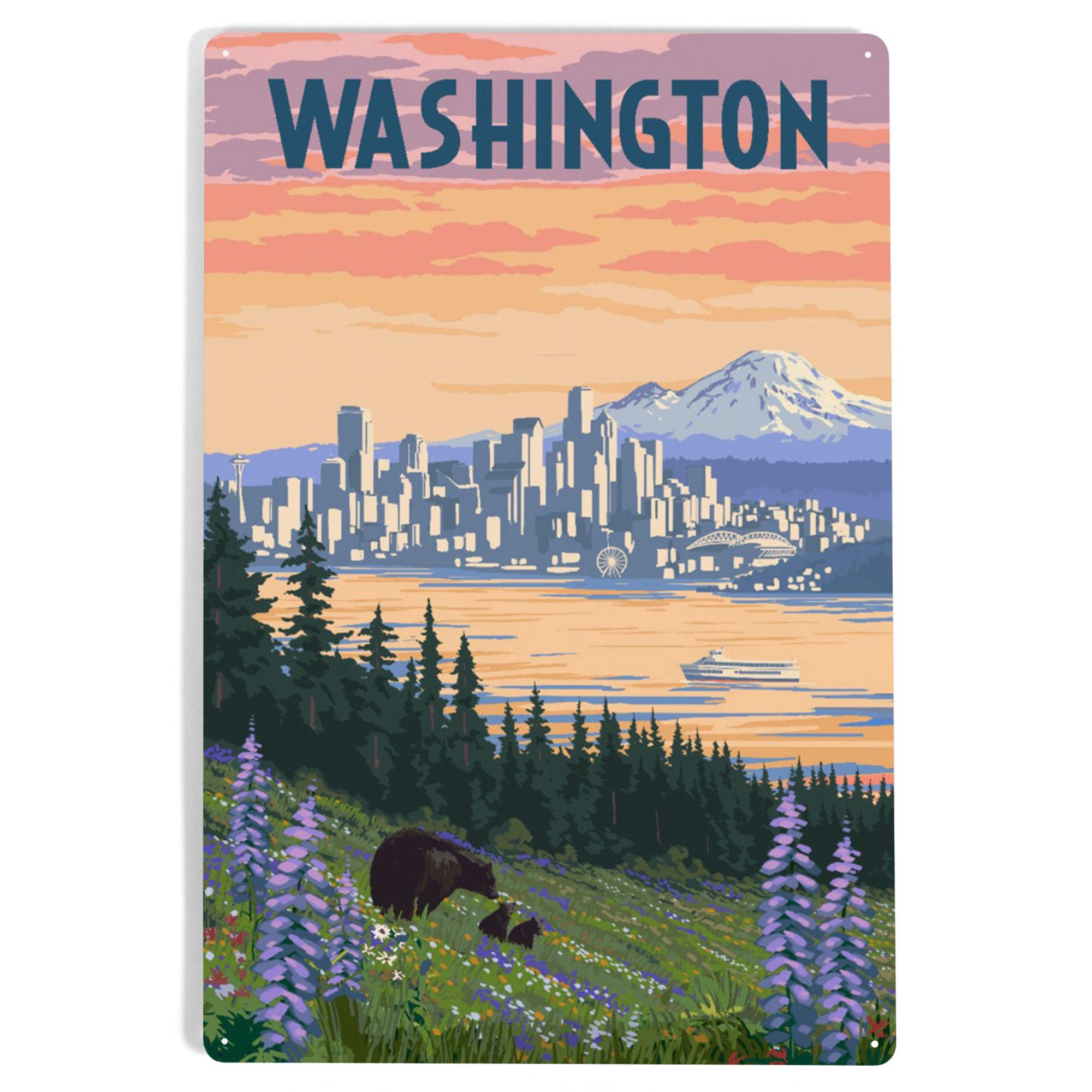 Seattle, Washington, Bear and Spring Flowers (12x18 Aluminum Art ...