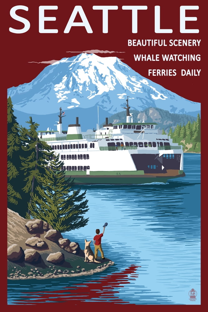 Seattle, Washington, Ferry and Mount Rainier Scene (24x36 Giclee ...