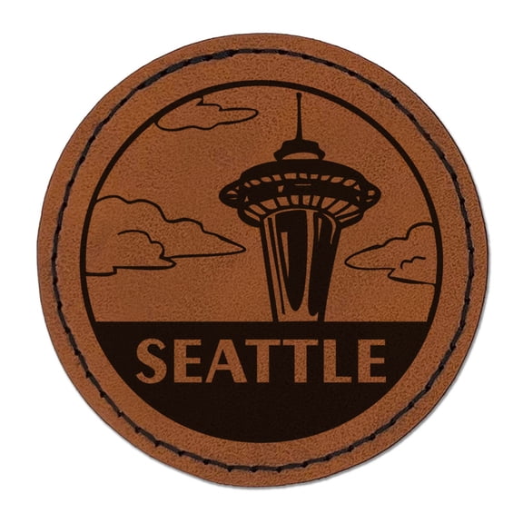 Seattle Washington Landmark Space Needle USA Destination Circle Round Iron-On Engraved Faux Leather Patch Applique - 2.5 Inch - Brown