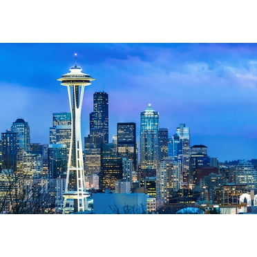 Seattle Washington Skyline Space Needle at Dusk Photo Photograph Cool Wall Art Print Poster 18x12