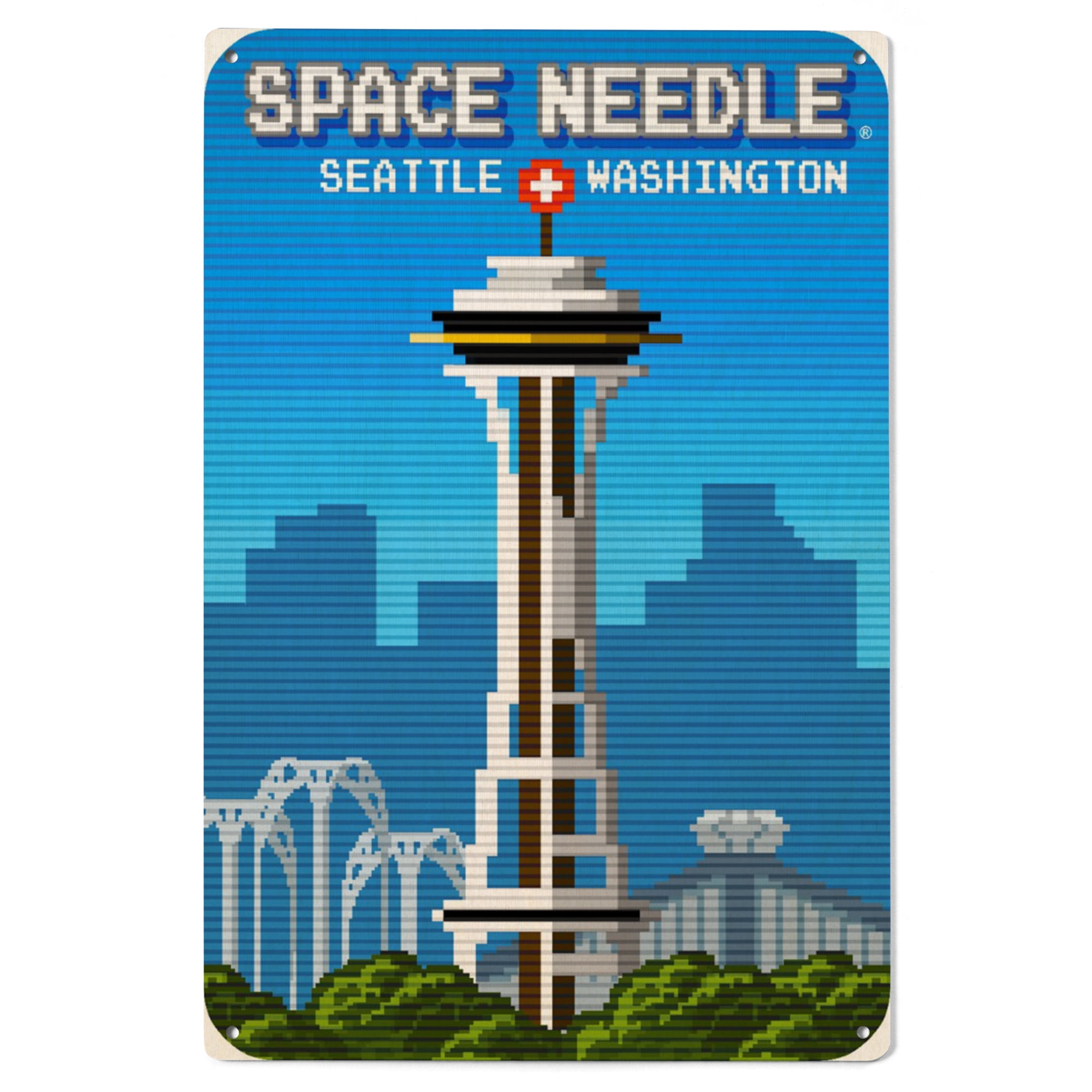8 Bit Needle Seattle, Washington, Space Needle, 8-Bit Retro Video Game Birch Wood ...