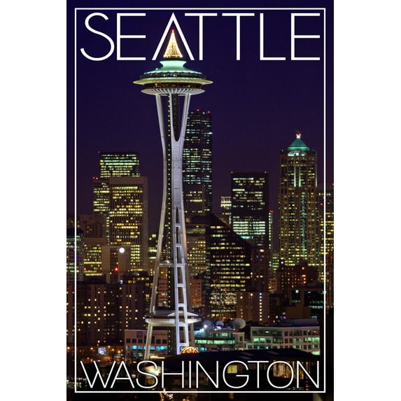 Seattle, Washington, Space Needle Christmas at Night (12x18 Wall Art Poster, Room Decor)