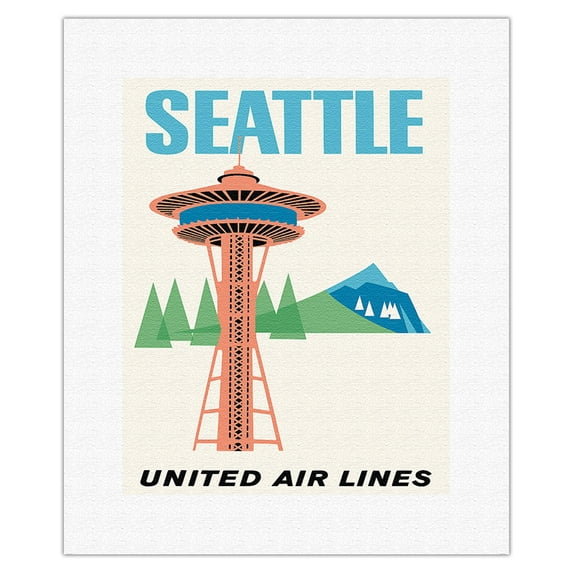 Seattle Washington - Space Needle - United Air Lines - Vintage Airline Travel Poster c.1962 - Fine Art Rolled Canvas Print 11in x 14in