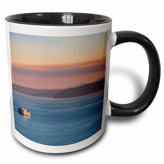 3drose, Seattle. Washington State Ferry in Puget Sound at Sunset, 11oz Two-tone Black Mug