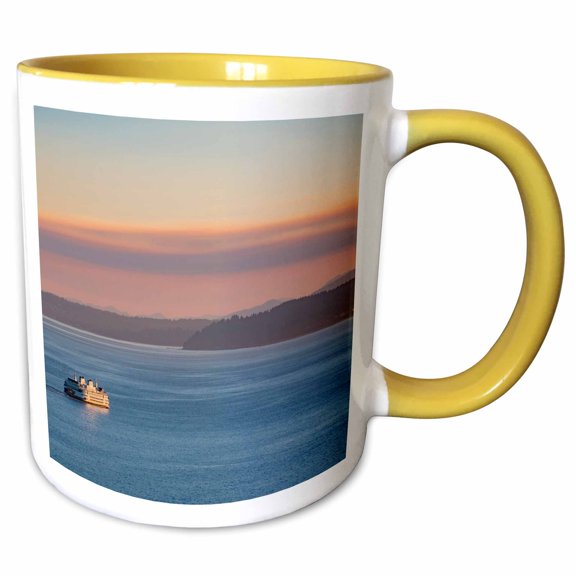 3drose, Seattle. Washington State Ferry in Puget Sound at Sunset, 11oz Two-tone Yellow Mug