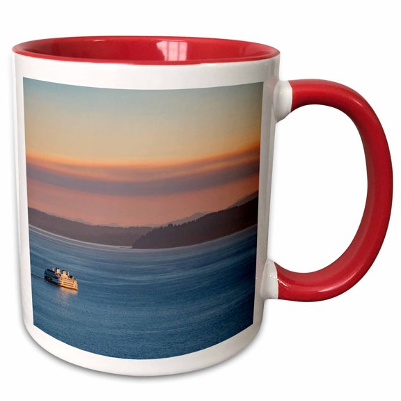3drose, Seattle. Washington State Ferry in Puget Sound at Sunset, 15oz Two-tone Red Mug