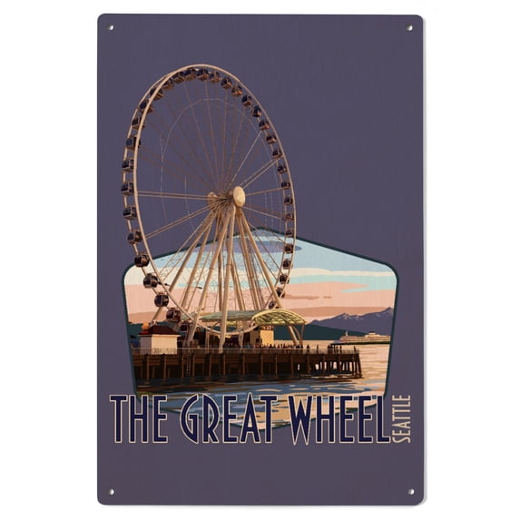 Seattle, Washington, The Great Wheel at Sunset, Contour Birch Wood Wall Sign (6x9 Rustic Home Decor, Ready to Hang Art)