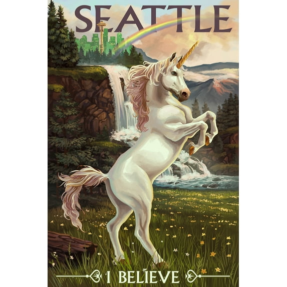 Seattle, Washington, Unicorn Scene (12x18 Wall Art Poster, Room Decor)