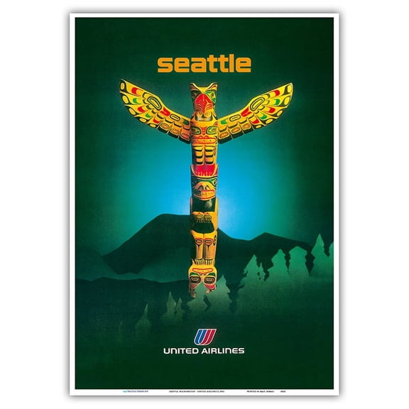 Seattle Washington - United Airlines - Totem Pole - Vintage Airline Travel Poster c.1982 - Master Art Print 10in x 14in