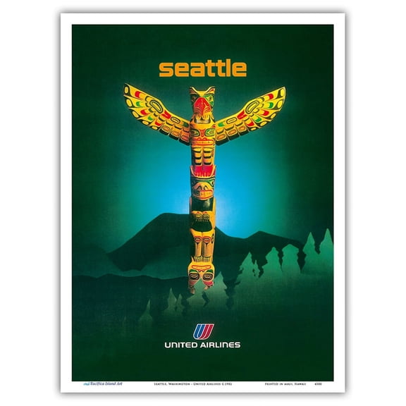 Seattle Washington - United Airlines - Totem Pole - Vintage Airline Travel Poster c.1982 - Master Art Print (Unframed) 9in x 12in
