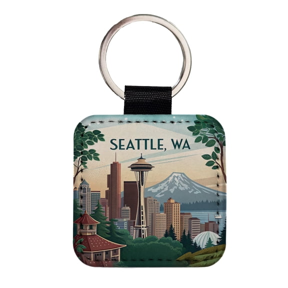Seattle, Washington WA Travel City State Stamp Faux Leather Square Keychain