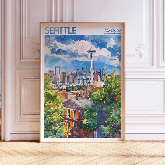 Seattle Watercolor Wall Art, Seattle Print, Washington Travel, World Cities Wall Art, Pastel Colors Travel Art #3095, Unframed Poster Size 16x24