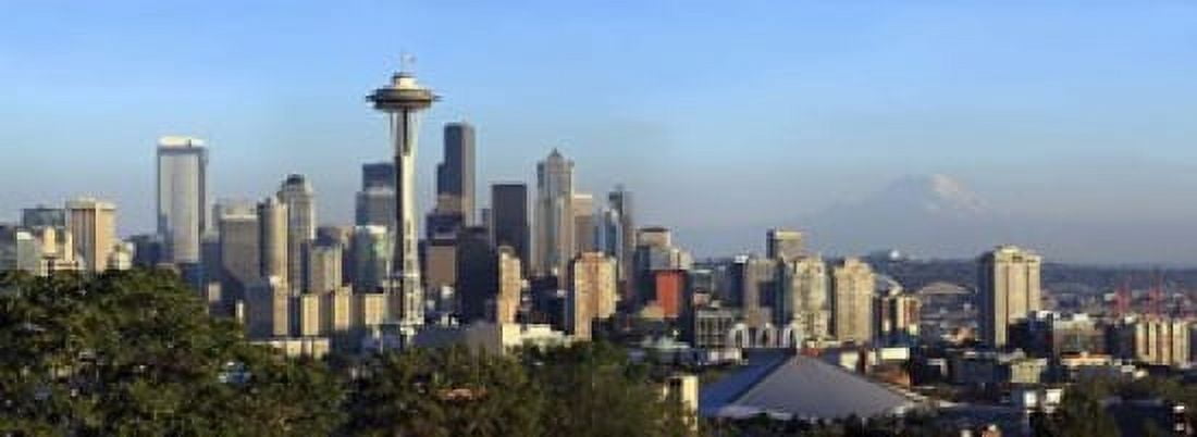 Seattle city skyline with Mt Rainier in the background King County Washington State USA 2010 Canvas Art - Panoramic Images (18 x 7)