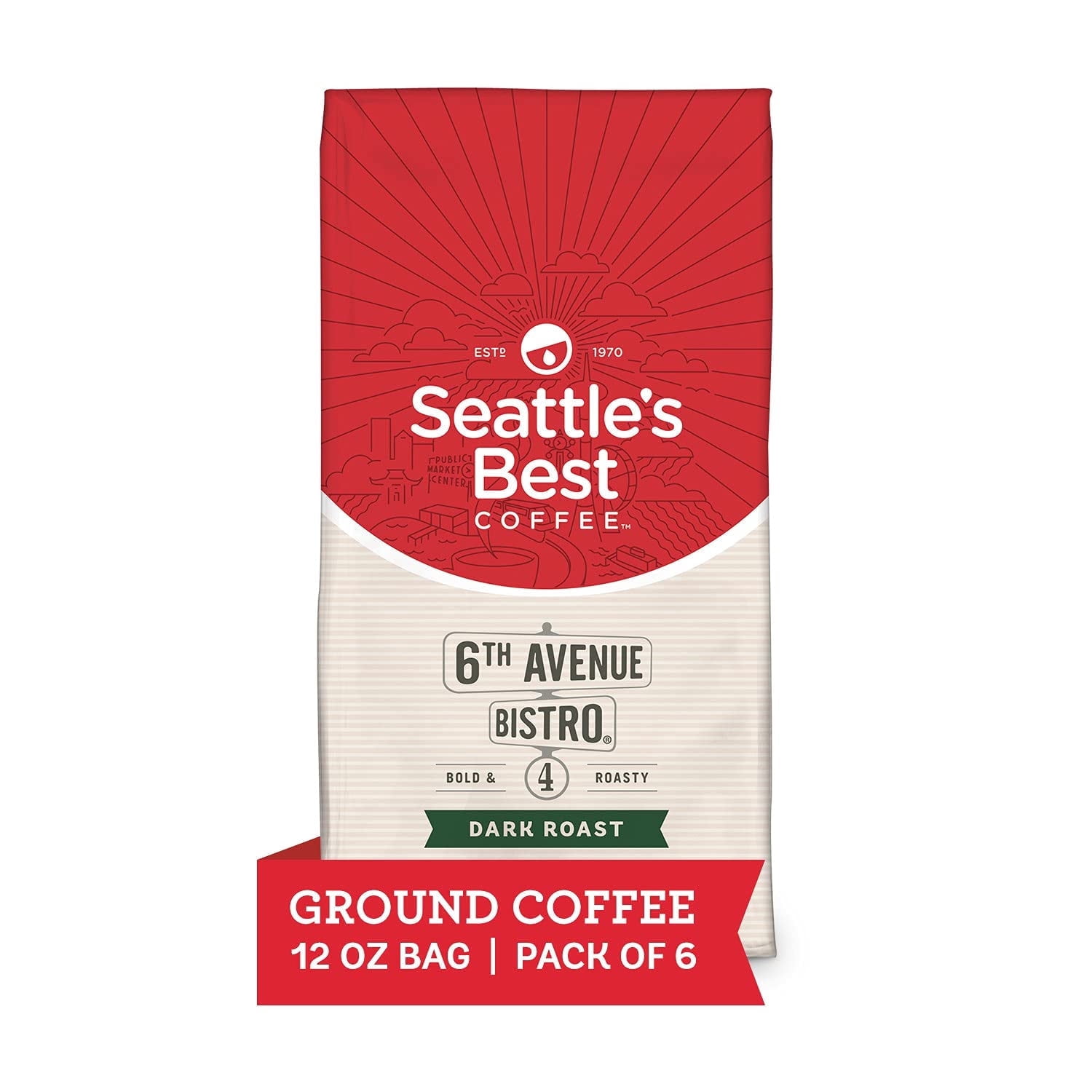 Seattle's Best Coffee 6th Avenue Bistro Dark Roast Ground Coffee | 12 Ounce Bags (Pack of 6)