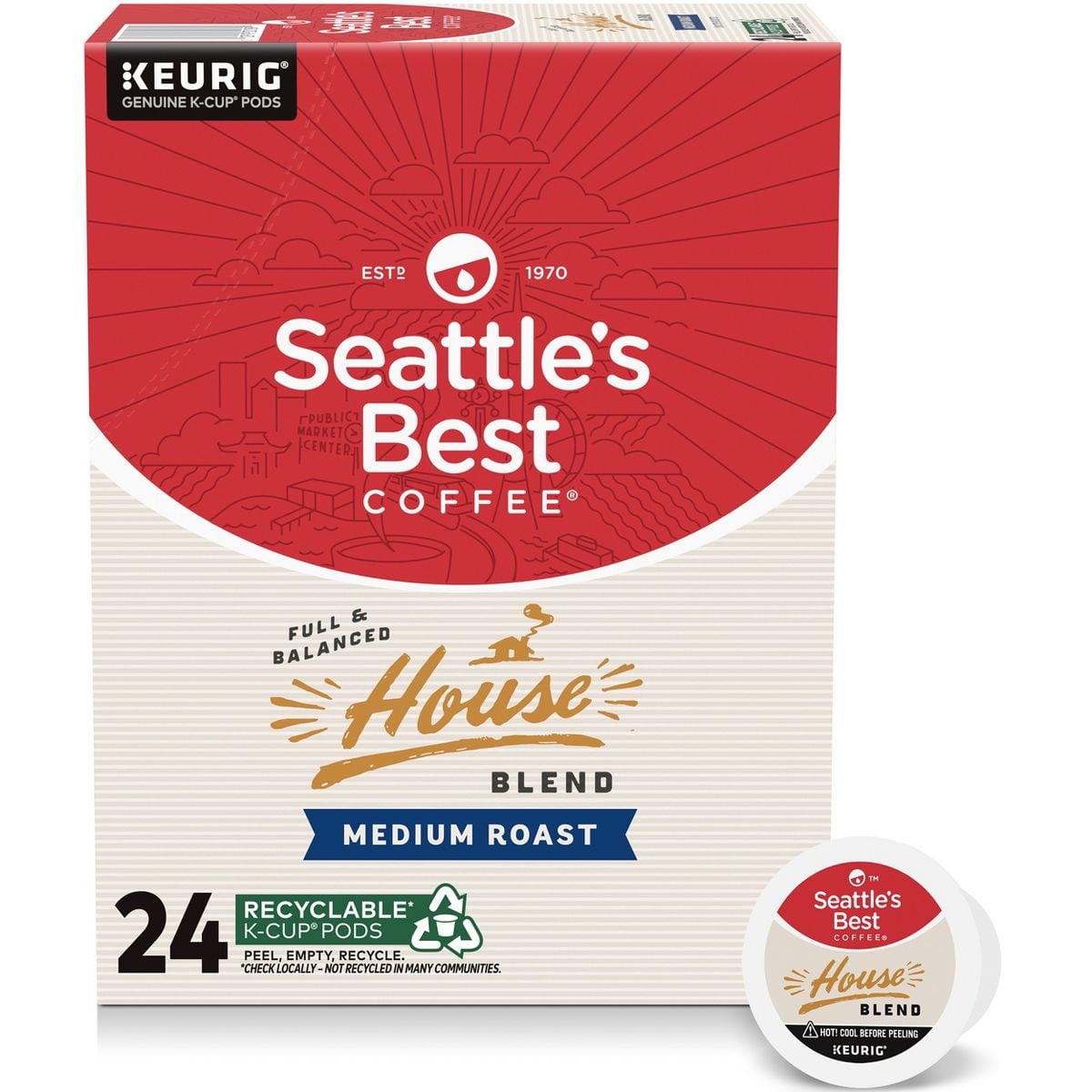 Seattle's Best Coffee House Blend Medium Roast Single Cup Coffee for Keurig Brewers, Box of 24 K-Cup Pods