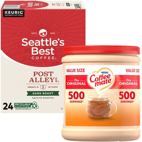 Seattle's Best Coffee, Post Alley Blend Dark Roast K-Cup Coffee Pods, 24 Count K Cups with Nestle Coffee Mate, The Original Powdered Coffee Creamer, 35.3 oz