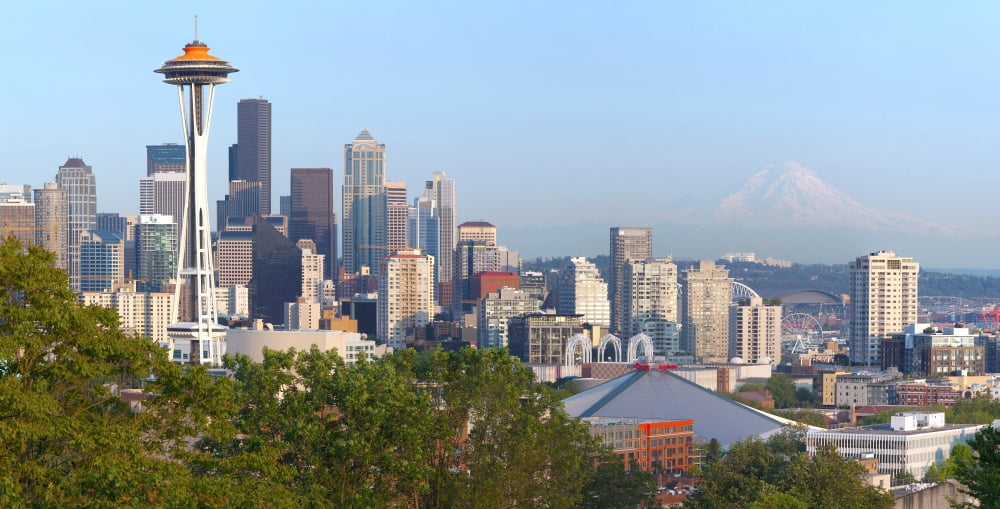 Seattle skyline at sunset and Mt Rainier in background King County Washington State USA Canvas Art - Panoramic Images (36 x 12)