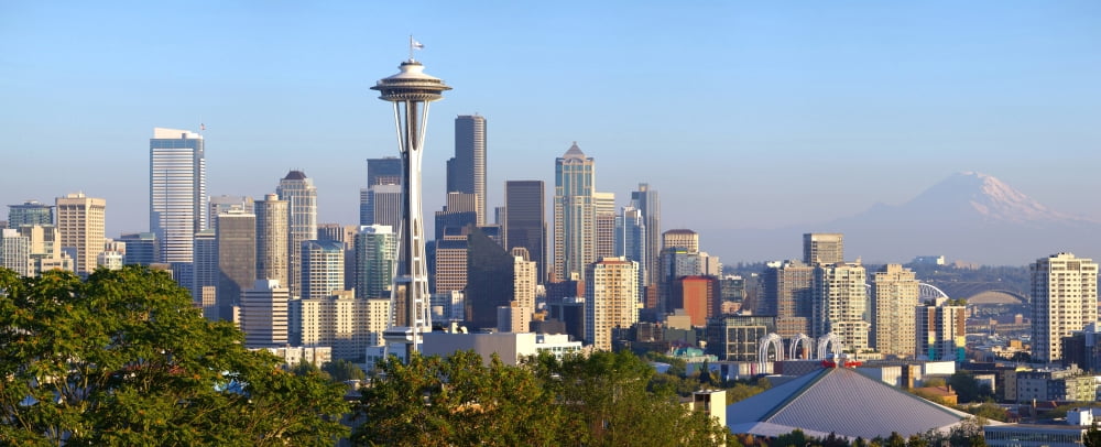 Seattle skylines with Mt Rainier in background King County Washington State USA Canvas Art - Panoramic Images (27 x 9)