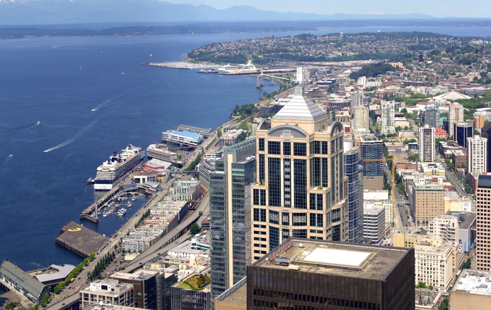 Seattle skyscrapers at waterfront and downtown from the Columbia Center tower King County Washington State USA Canvas Art - Panoramic Images (27 x 9)