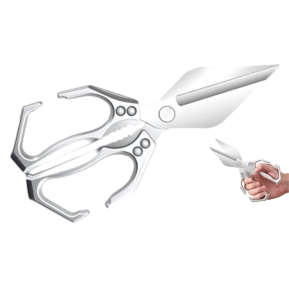 Seattleget Multifunctional Heavy-Duty Kitchen Shears, Poultry Scissors Heavy Duty Cut Bone, New 2 in 1 Ergonomic Kitchen Scissors for Cutting Roots and Chicken, Duck, Fish ＆ Slicing Walnuts Silver