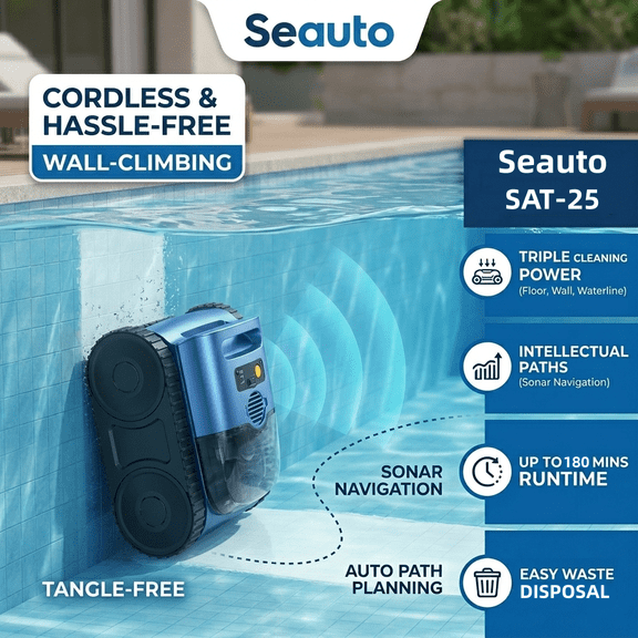 Seauto2026 UpgradeCordless Robotic Pool Cleaner with Smart Sonar Navigation Powerful Suction, Wall & Waterline Climbing, Automatic Cleaning for In-Ground & Above-Ground Pools